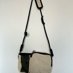 Beige and Olive Nylon Crossbody Bag with Adjustable Rope Strap